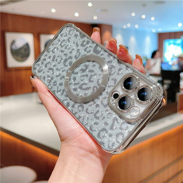 For iPhone 16 Pro Case Compatible with MagSafe Sparkly Leopard Print Clear TPU Phone Cover - Silver