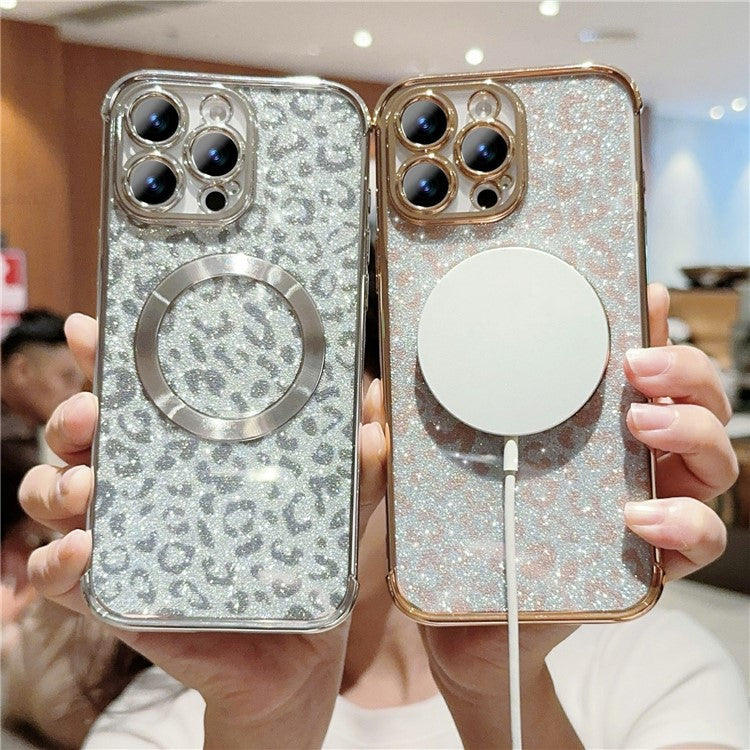 For iPhone 16 Pro Case Compatible with MagSafe Sparkly Leopard Print Clear TPU Phone Cover - Silver