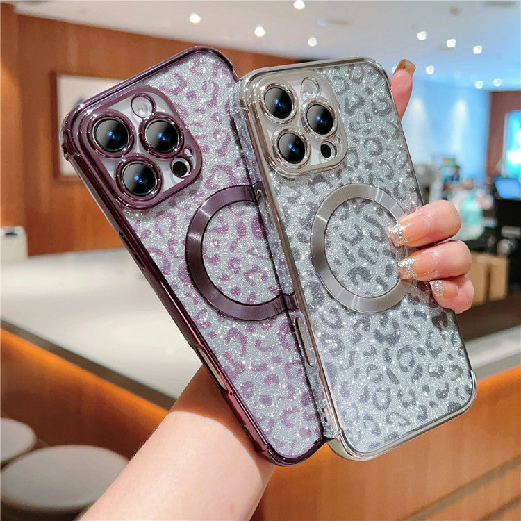 For iPhone 16 Pro Case Compatible with MagSafe Sparkly Leopard Print Clear TPU Phone Cover - Silver