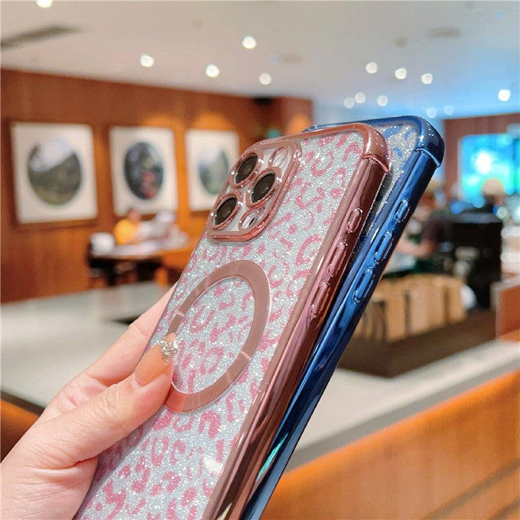 For iPhone 16 Pro Case Compatible with MagSafe Sparkly Leopard Print Clear TPU Phone Cover - Silver