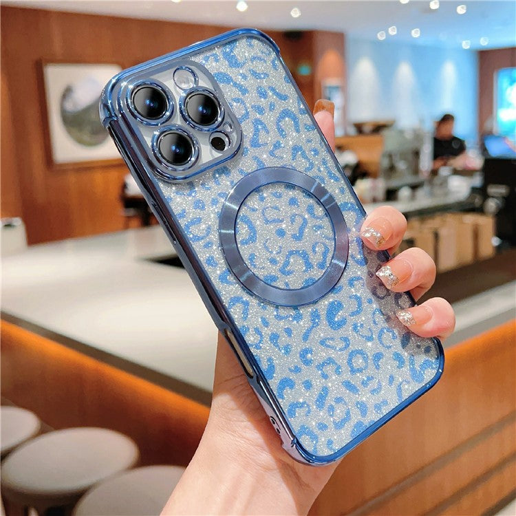 For iPhone 16 Pro Case Compatible with MagSafe Sparkly Leopard Print Clear TPU Phone Cover - Blue