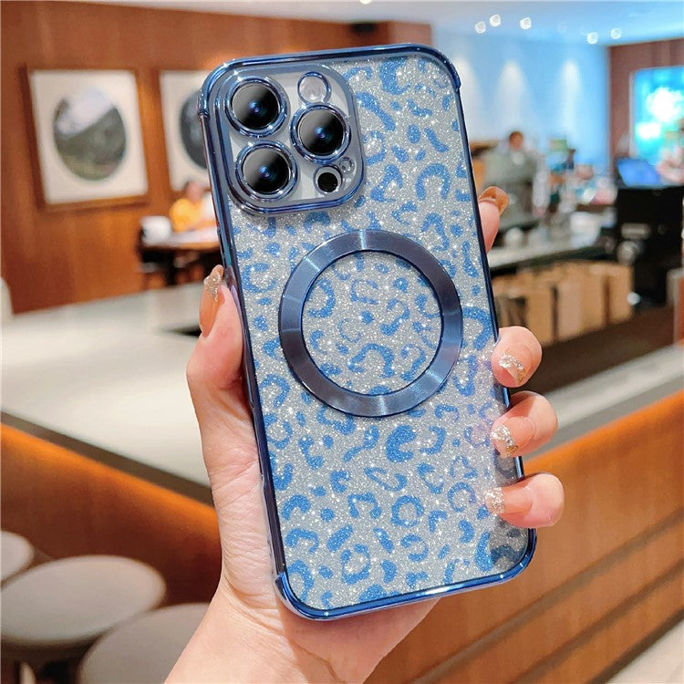 For iPhone 16 Pro Case Compatible with MagSafe Sparkly Leopard Print Clear TPU Phone Cover - Blue