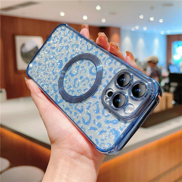 For iPhone 16 Pro Case Compatible with MagSafe Sparkly Leopard Print Clear TPU Phone Cover - Blue