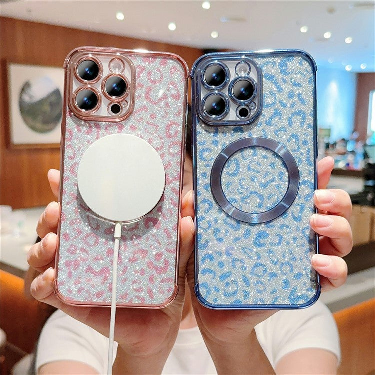 For iPhone 16 Pro Case Compatible with MagSafe Sparkly Leopard Print Clear TPU Phone Cover - Blue