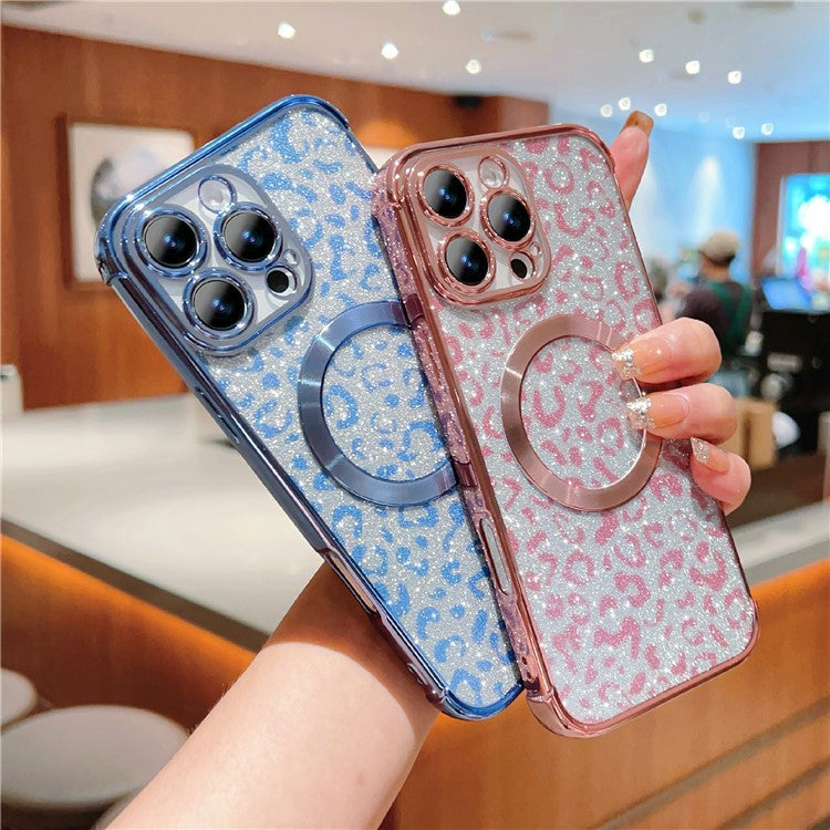 For iPhone 16 Pro Case Compatible with MagSafe Sparkly Leopard Print Clear TPU Phone Cover - Blue