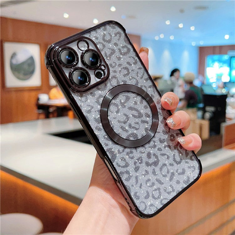 For iPhone 16 Pro Case Compatible with MagSafe Sparkly Leopard Print Clear TPU Phone Cover - Black
