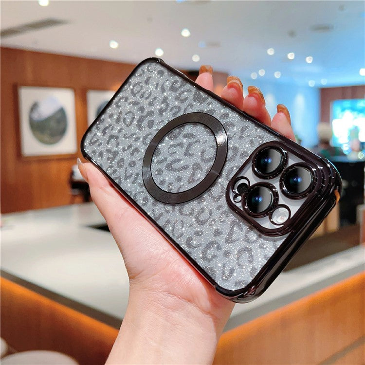 For iPhone 16 Pro Case Compatible with MagSafe Sparkly Leopard Print Clear TPU Phone Cover - Black