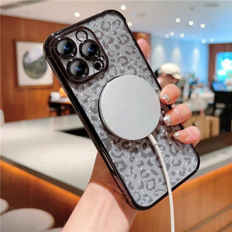 For iPhone 16 Pro Case Compatible with MagSafe Sparkly Leopard Print Clear TPU Phone Cover - Black