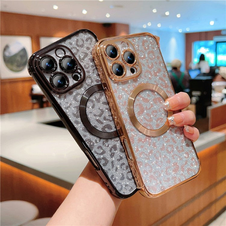 For iPhone 16 Pro Case Compatible with MagSafe Sparkly Leopard Print Clear TPU Phone Cover - Black