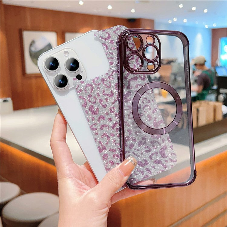 For iPhone 16 Pro Case Compatible with MagSafe Sparkly Leopard Print Clear TPU Phone Cover - Black
