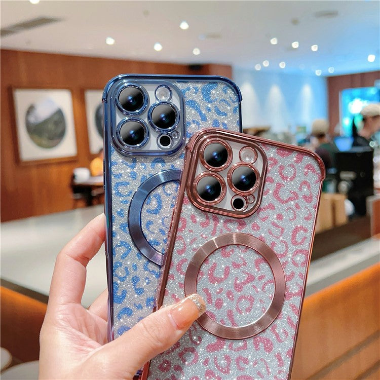 For iPhone 16 Pro Case Compatible with MagSafe Sparkly Leopard Print Clear TPU Phone Cover - Black