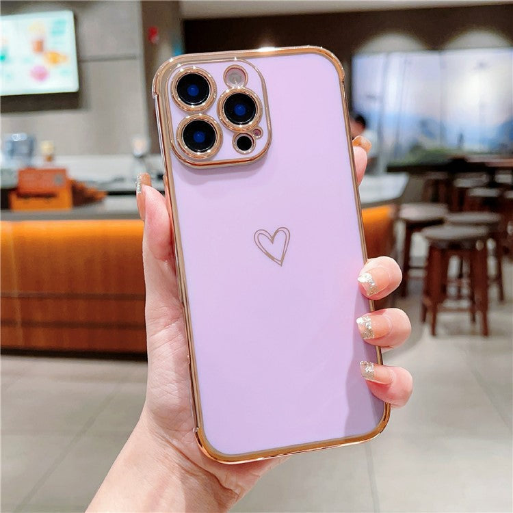 For iPhone 16 Pro Case Electroplating Soft TPU Phone Cover Hollow Love Heart - Purple