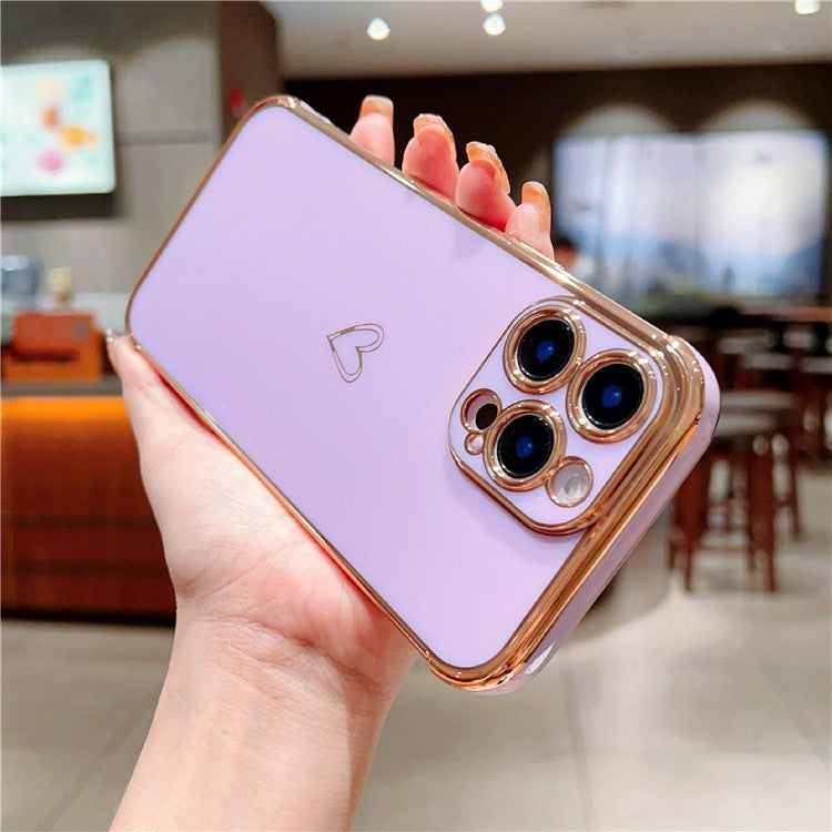 For iPhone 16 Pro Case Electroplating Soft TPU Phone Cover Hollow Love Heart - Purple