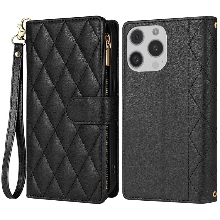 CSJ-P2 For iPhone 16 Pro Wallet Case Stitching Leather Phone Cover with Straps - Black