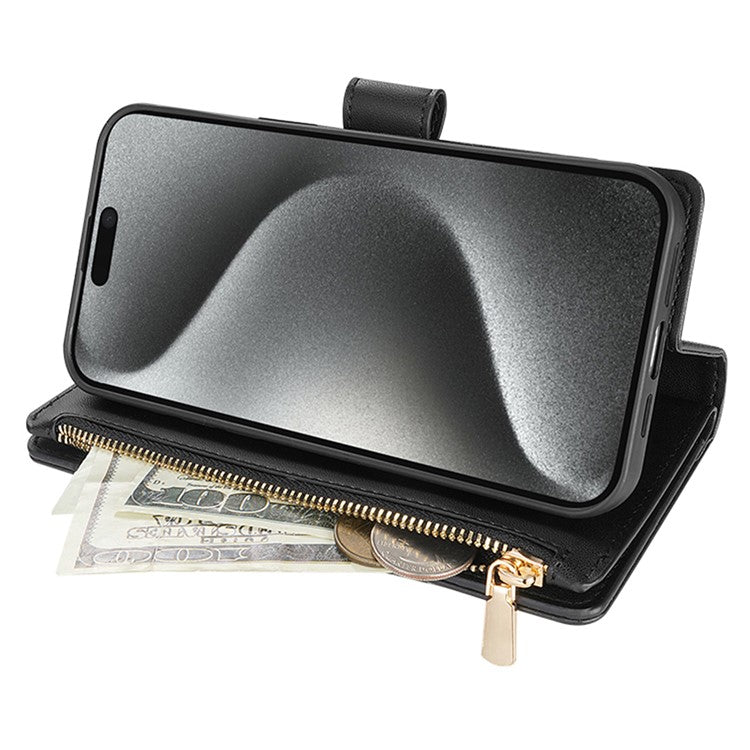 CSJ-P2 For iPhone 16 Pro Wallet Case Stitching Leather Phone Cover with Straps - Black