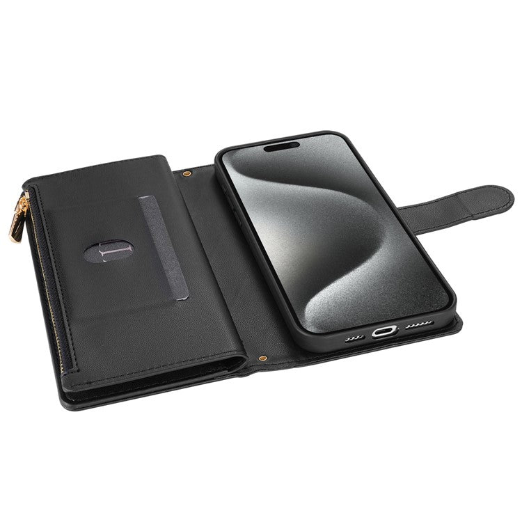 CSJ-P2 For iPhone 16 Pro Wallet Case Stitching Leather Phone Cover with Straps - Black