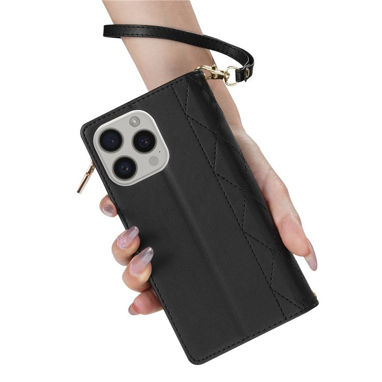 CSJ-P2 For iPhone 16 Pro Wallet Case Stitching Leather Phone Cover with Straps - Black