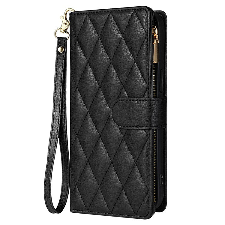 CSJ-P2 For iPhone 16 Pro Wallet Case Stitching Leather Phone Cover with Straps - Black