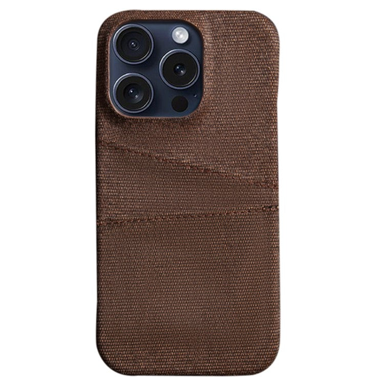 For iPhone 16 Pro Case Dual Card Slots Cloth Texture Hard PC Phone Cover - Brown