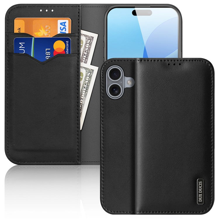 DUX DUCIS Hivo Series for iPhone 16 Plus Wallet Case Cowhide Leather Flip Phone Cover - Black