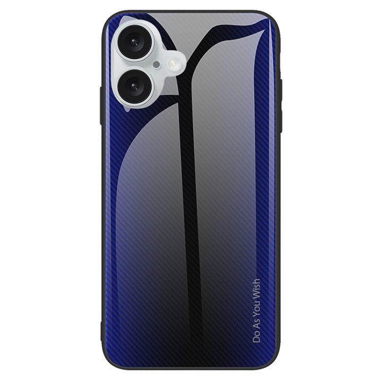 For iPhone 16 Plus Case Carbon Fiber Texture Tempered Glass+TPU Phone Cover - Dark Blue