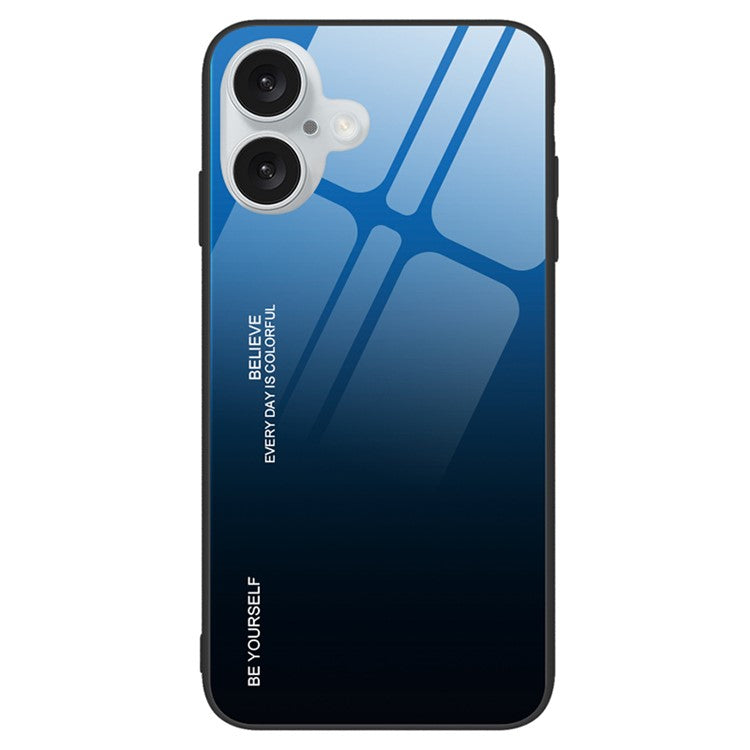 For iPhone 16 Plus Case Gradient Color Tempered Glass+TPU Phone Shell - Blue / Black