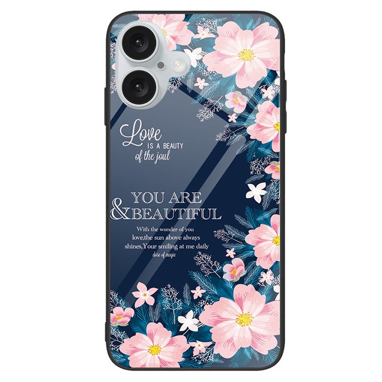 For iPhone 16 Case Tempered Glass+PC+TPU Lightweight Phone Protector - Pink Flowers
