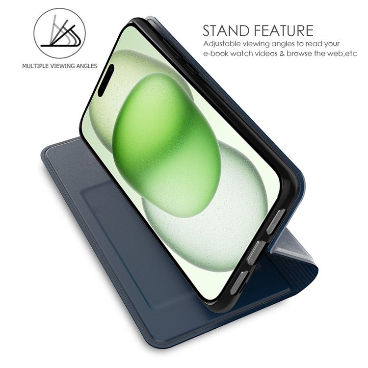 For iPhone 16 Case PU Leather Strong Magnetic Closure Phone Cover Folio Stand View Full Protection - Blue