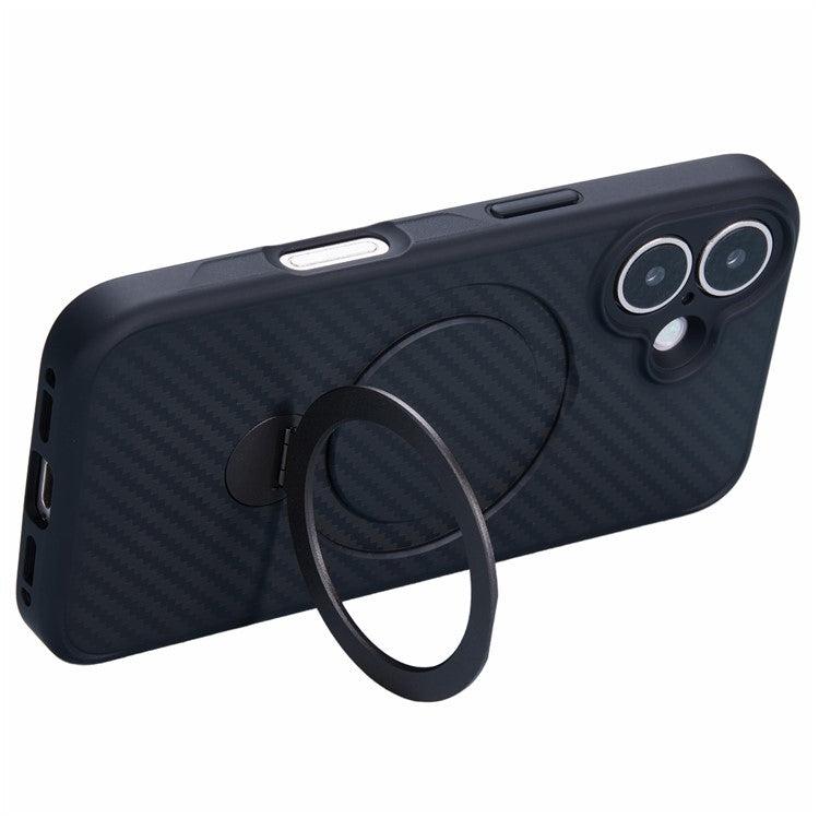 For iPhone 16 Case Carbon Fiber Texture Magnetic Ring Kickstand TPU+PC Phone Cover