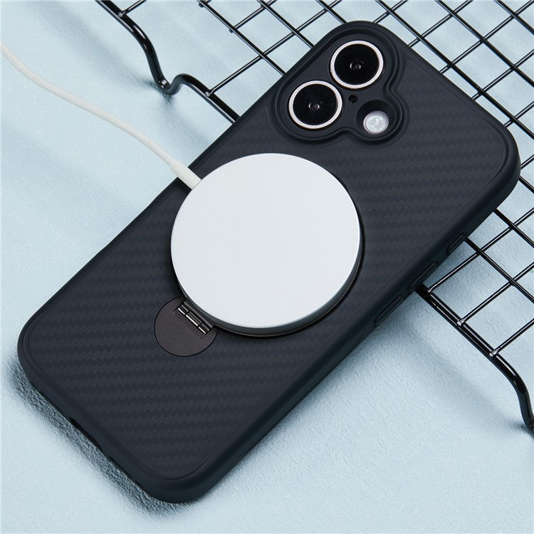 For iPhone 16 Case Carbon Fiber Texture Magnetic Ring Kickstand TPU+PC Phone Cover