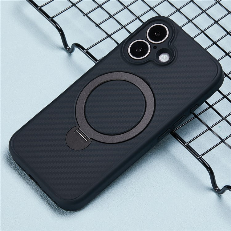 For iPhone 16 Case Carbon Fiber Texture Magnetic Ring Kickstand TPU+PC Phone Cover