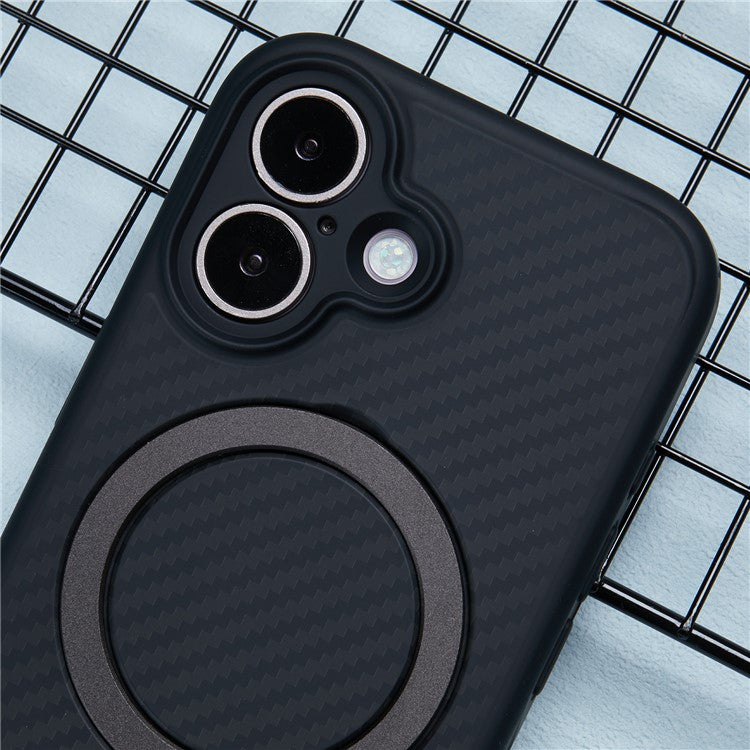 For iPhone 16 Case Carbon Fiber Texture Magnetic Ring Kickstand TPU+PC Phone Cover