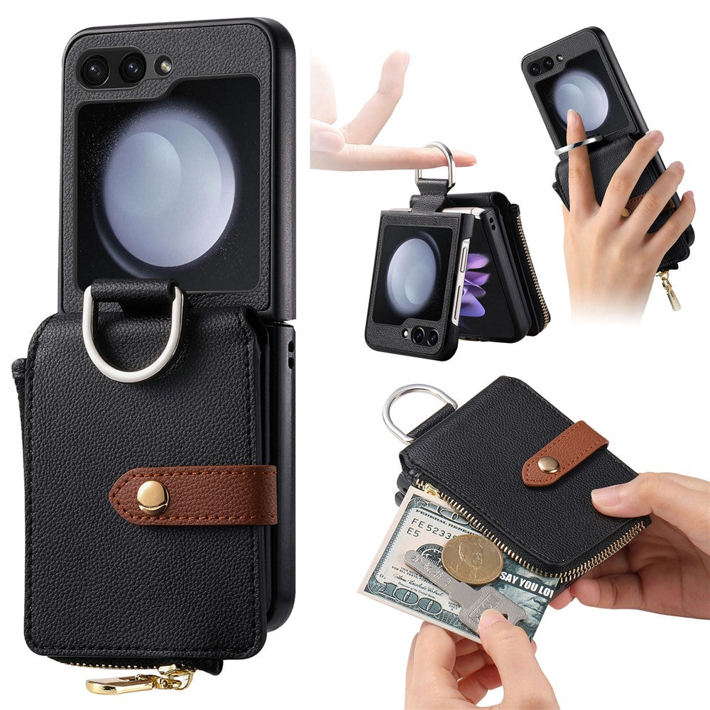 For Samsung Galaxy Z Flip7 FE 5G / Z Flip6 5G Case Zipper Pocket Leather+PC Phone Cover with Ring Holder - Black