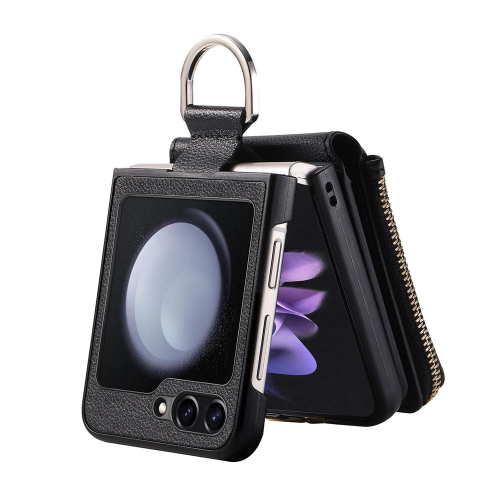 For Samsung Galaxy Z Flip7 FE 5G / Z Flip6 5G Case Zipper Pocket Leather+PC Phone Cover with Ring Holder - Black