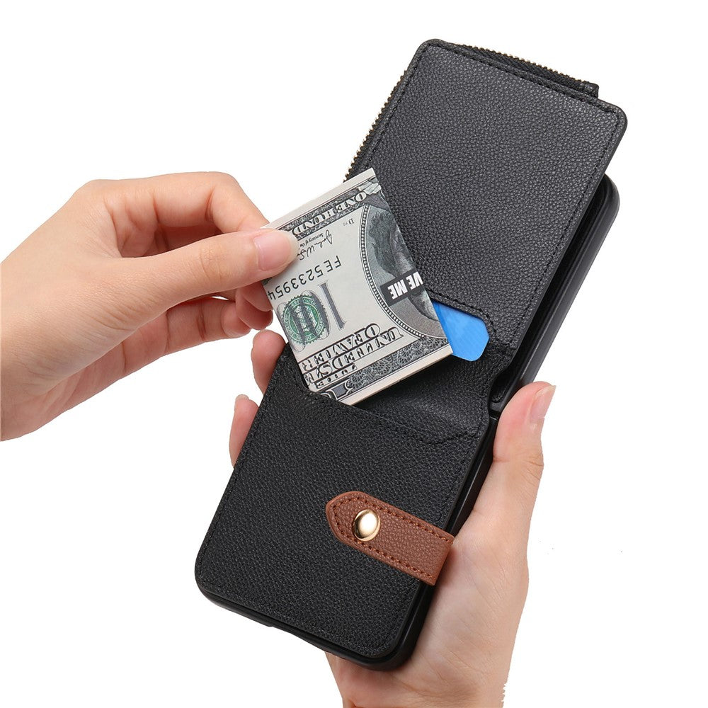 For Samsung Galaxy Z Flip7 FE 5G / Z Flip6 5G Case Zipper Pocket Leather+PC Phone Cover with Ring Holder - Black