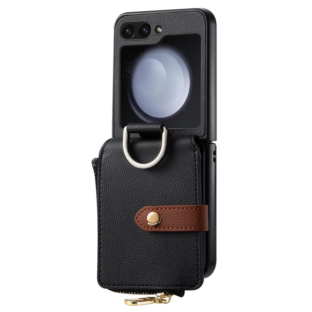 For Samsung Galaxy Z Flip7 FE 5G / Z Flip6 5G Case Zipper Pocket Leather+PC Phone Cover with Ring Holder - Black