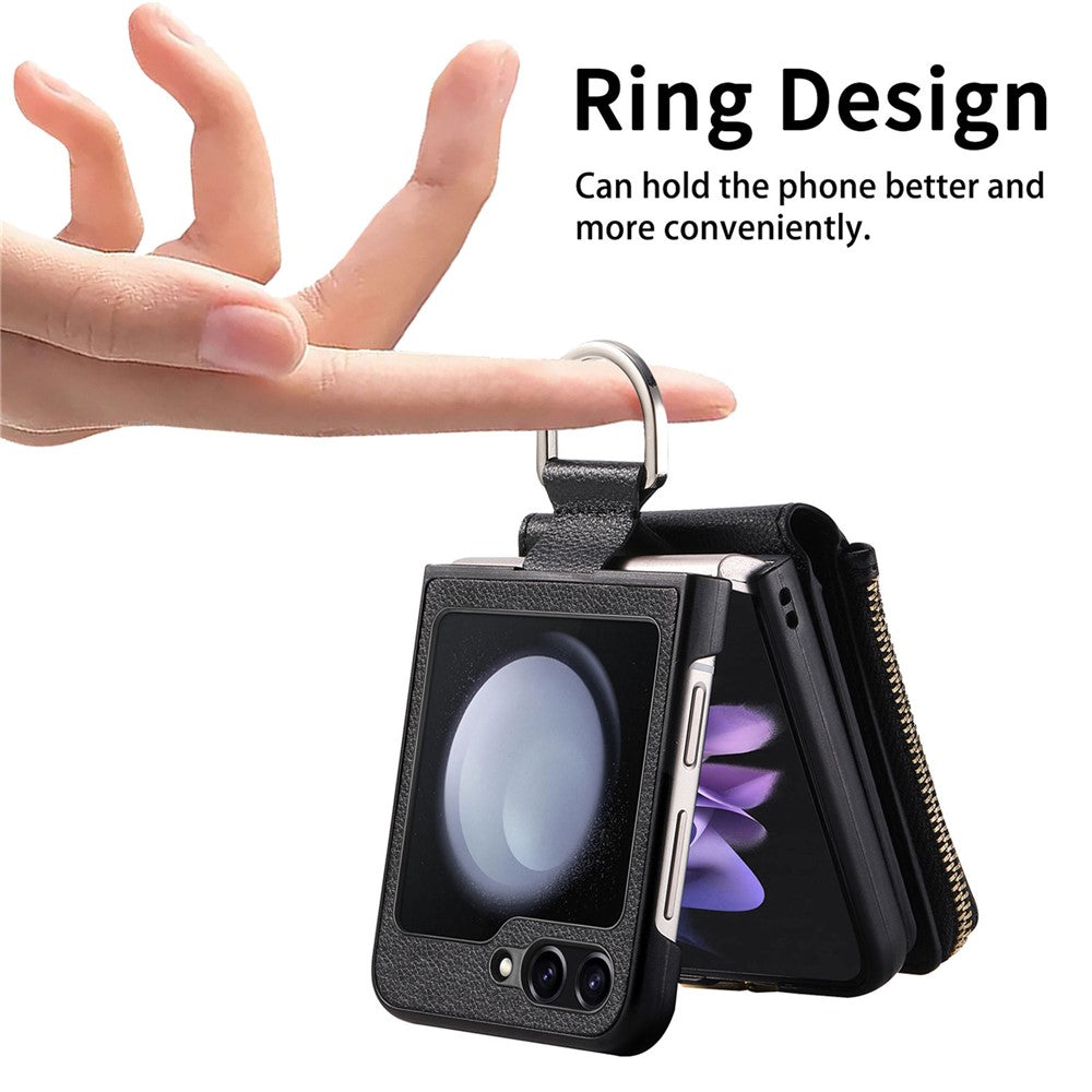 For Samsung Galaxy Z Flip7 FE 5G / Z Flip6 5G Case Zipper Pocket Leather+PC Phone Cover with Ring Holder - Black