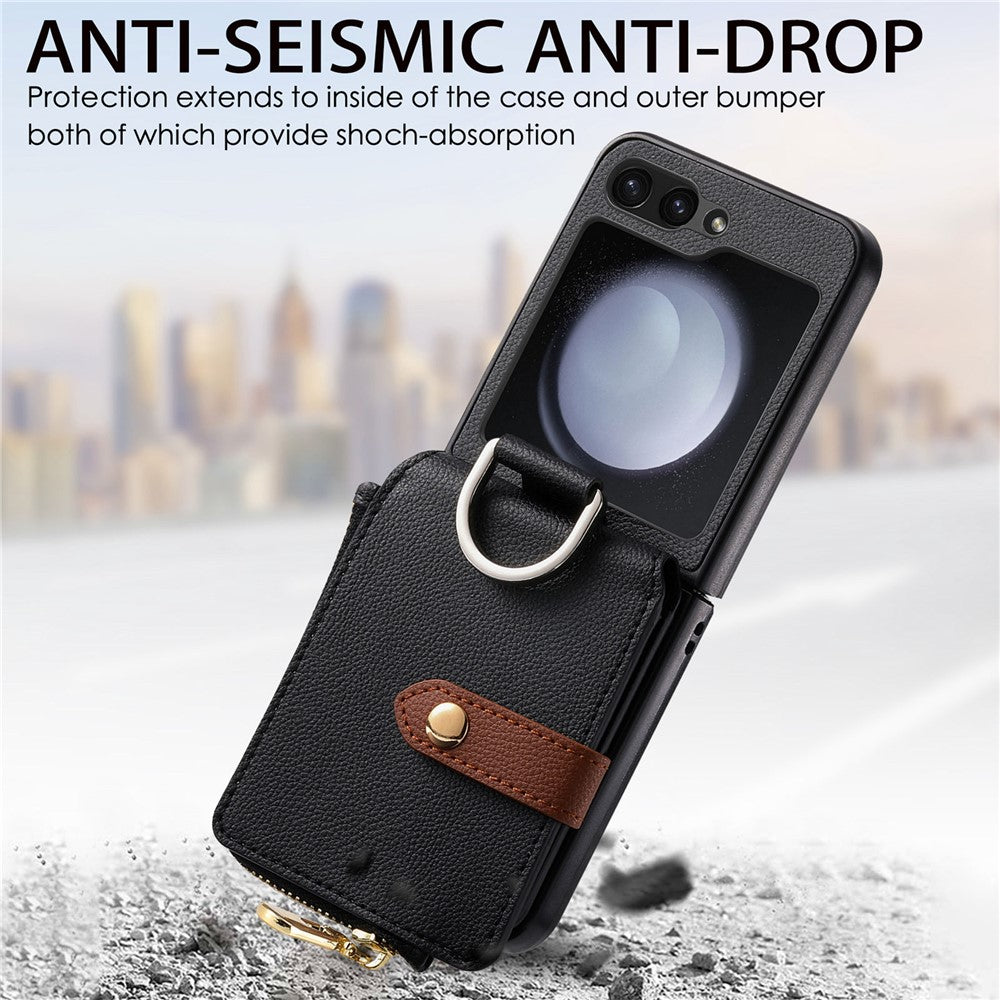 For Samsung Galaxy Z Flip7 FE 5G / Z Flip6 5G Case Zipper Pocket Leather+PC Phone Cover with Ring Holder - Black