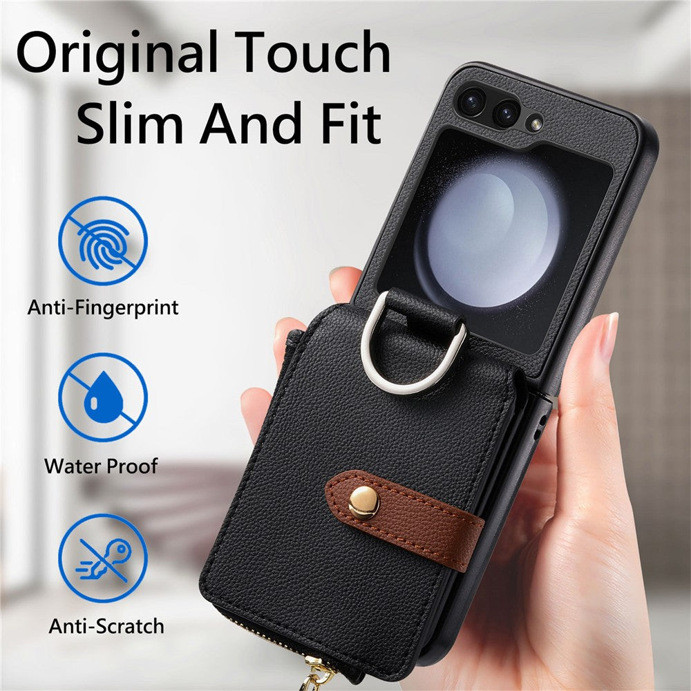 For Samsung Galaxy Z Flip7 FE 5G / Z Flip6 5G Case Zipper Pocket Leather+PC Phone Cover with Ring Holder - Black