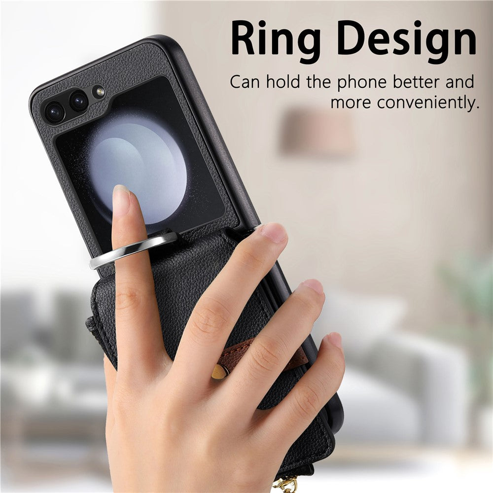For Samsung Galaxy Z Flip7 FE 5G / Z Flip6 5G Case Zipper Pocket Leather+PC Phone Cover with Ring Holder - Black