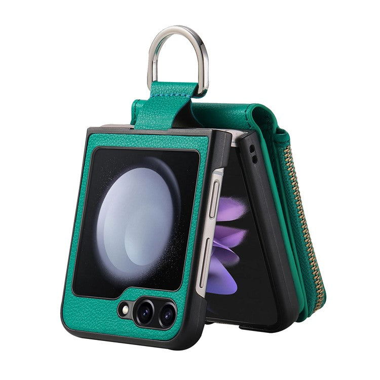 For Samsung Galaxy Z Flip6 5G Case Zipper Pocket Leather+PC Phone Cover with Ring Holder - Green