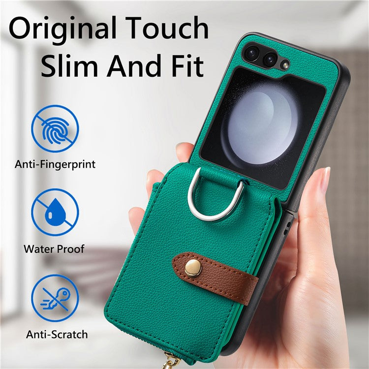 For Samsung Galaxy Z Flip6 5G Case Zipper Pocket Leather+PC Phone Cover with Ring Holder - Green