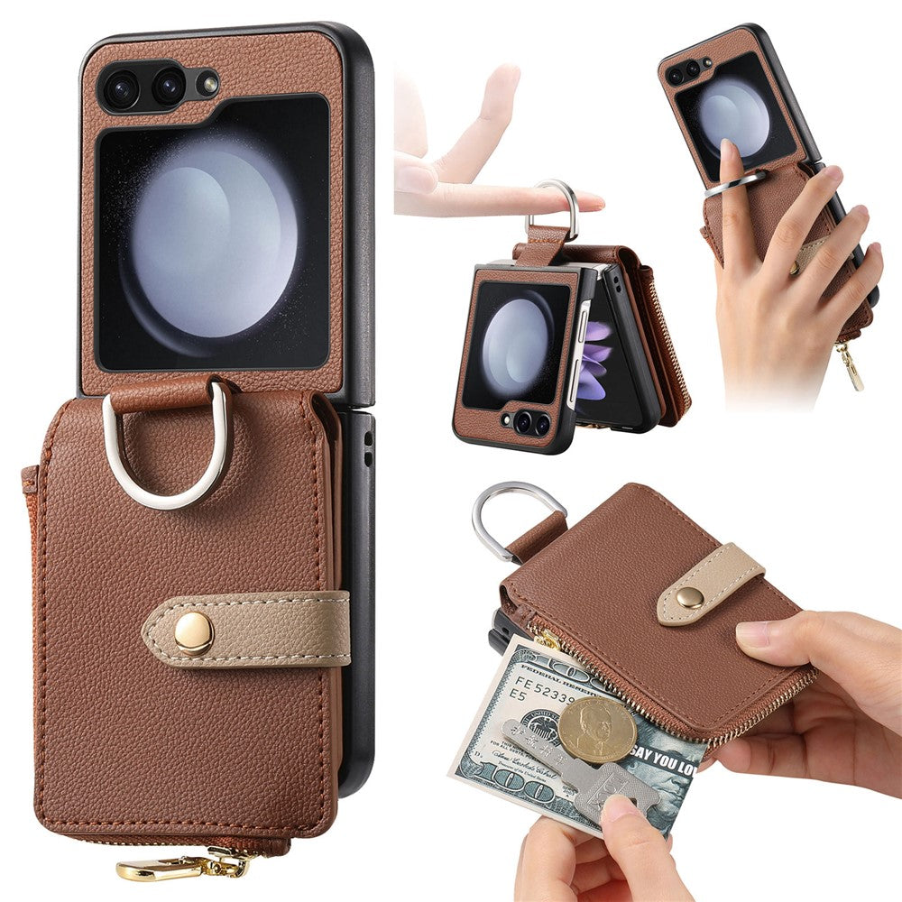 For Samsung Galaxy Z Flip7 FE 5G / Z Flip6 5G Case Zipper Pocket Leather+PC Phone Cover with Ring Holder - Brown