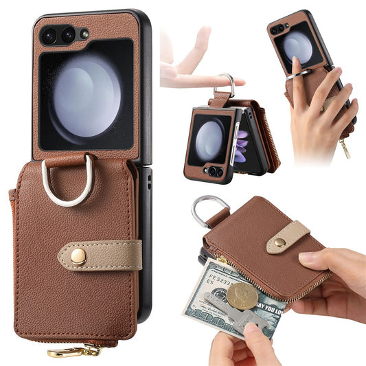For Samsung Galaxy Z Flip7 FE 5G / Z Flip6 5G Case Zipper Pocket Leather+PC Phone Cover with Ring Holder - Brown