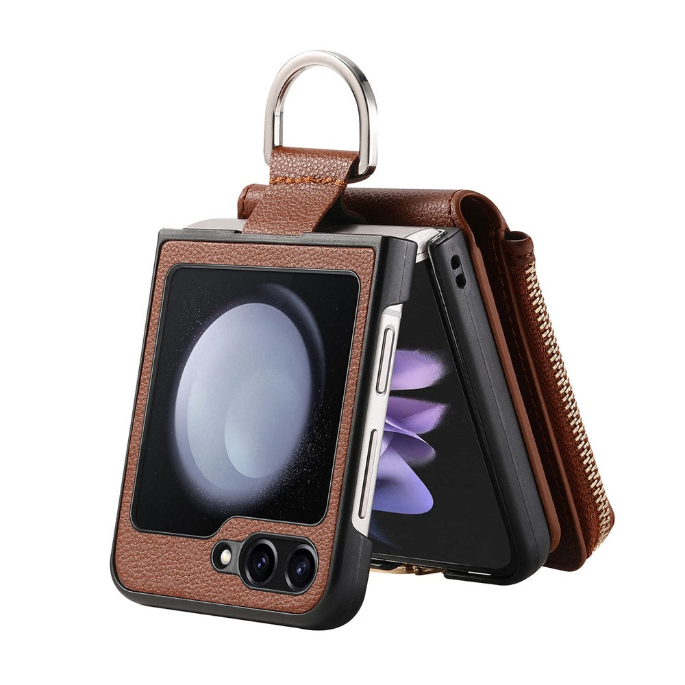 For Samsung Galaxy Z Flip7 FE 5G / Z Flip6 5G Case Zipper Pocket Leather+PC Phone Cover with Ring Holder - Brown