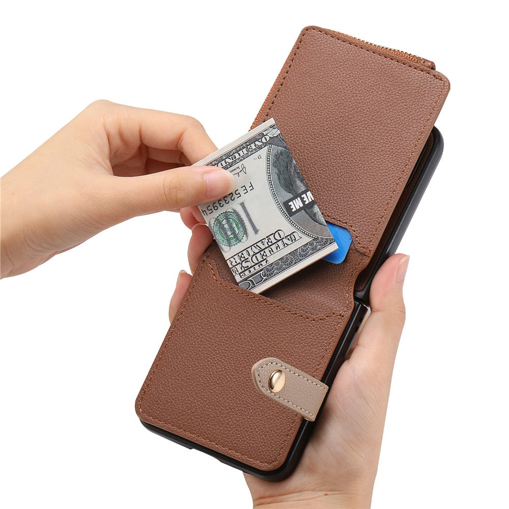 For Samsung Galaxy Z Flip7 FE 5G / Z Flip6 5G Case Zipper Pocket Leather+PC Phone Cover with Ring Holder - Brown
