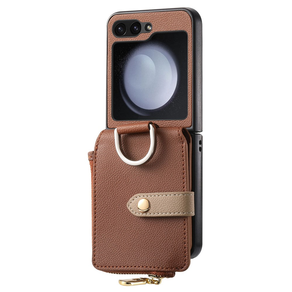 For Samsung Galaxy Z Flip7 FE 5G / Z Flip6 5G Case Zipper Pocket Leather+PC Phone Cover with Ring Holder - Brown