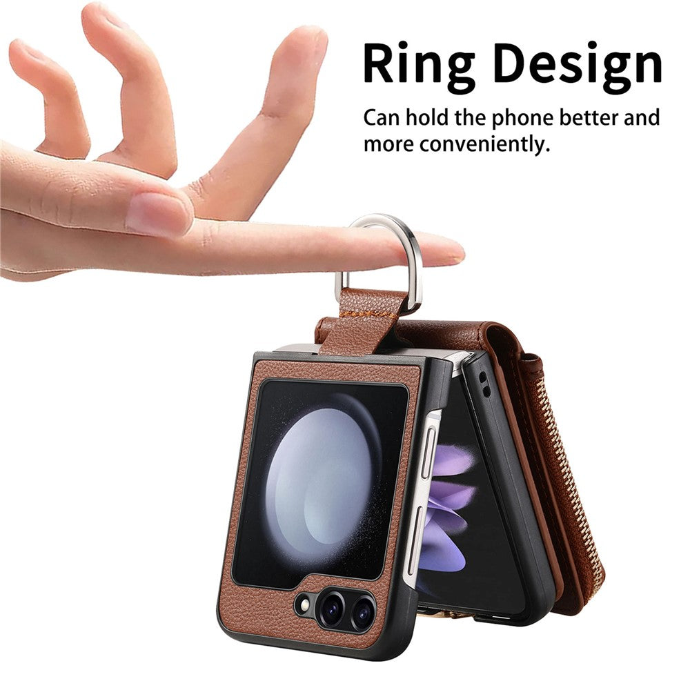 For Samsung Galaxy Z Flip7 FE 5G / Z Flip6 5G Case Zipper Pocket Leather+PC Phone Cover with Ring Holder - Brown