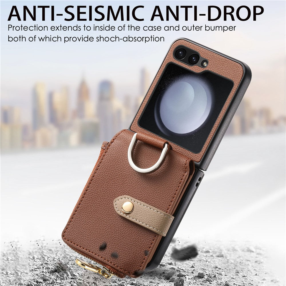 For Samsung Galaxy Z Flip7 FE 5G / Z Flip6 5G Case Zipper Pocket Leather+PC Phone Cover with Ring Holder - Brown