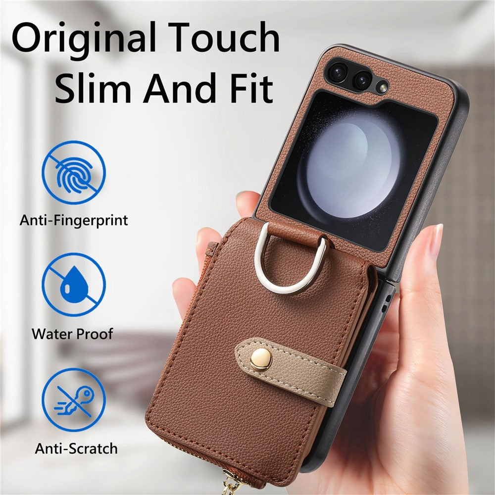 For Samsung Galaxy Z Flip7 FE 5G / Z Flip6 5G Case Zipper Pocket Leather+PC Phone Cover with Ring Holder - Brown
